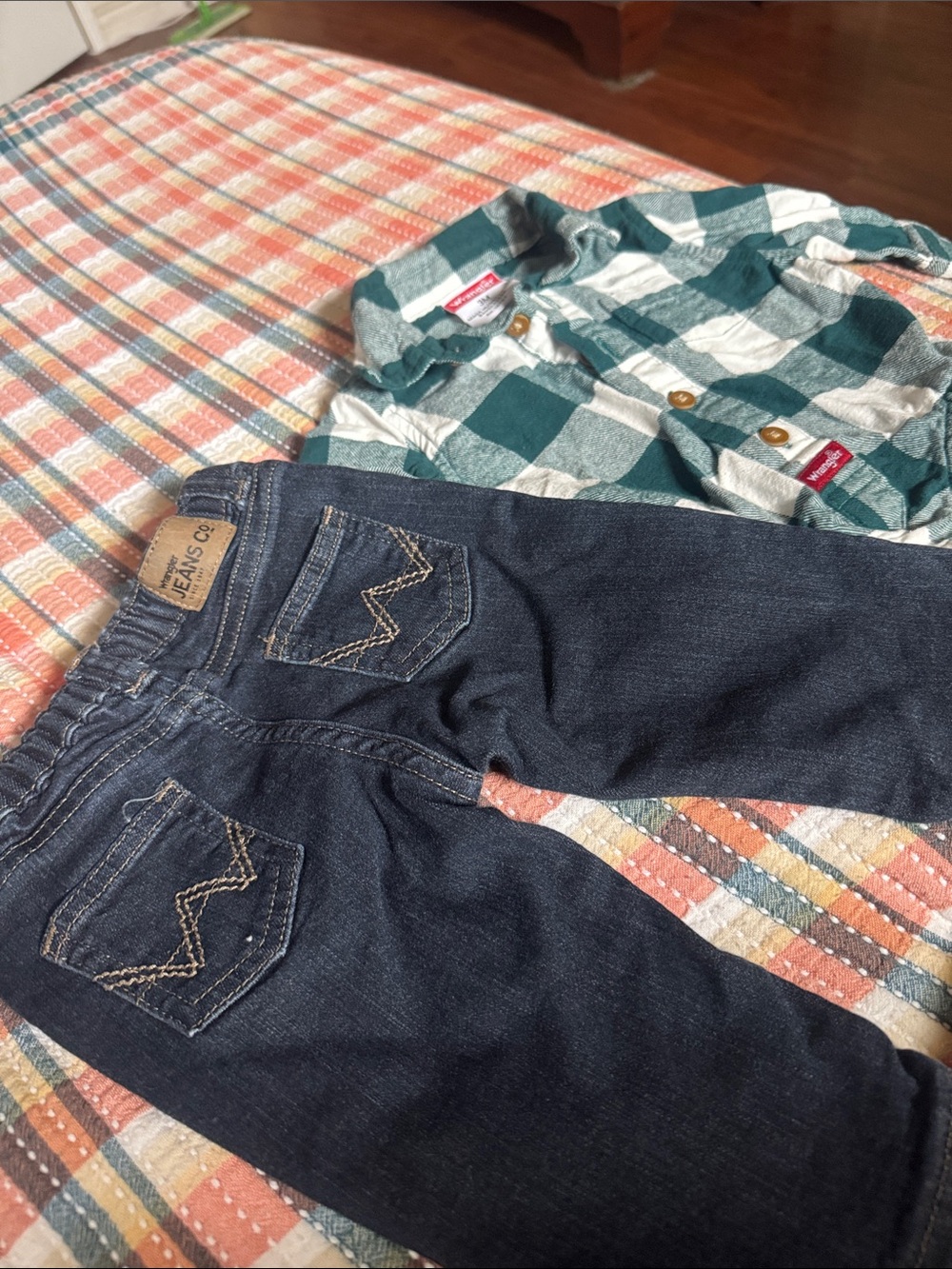 Kids Dark Wash Wrangler Jeans with Green Buffalo Plaid Shirt